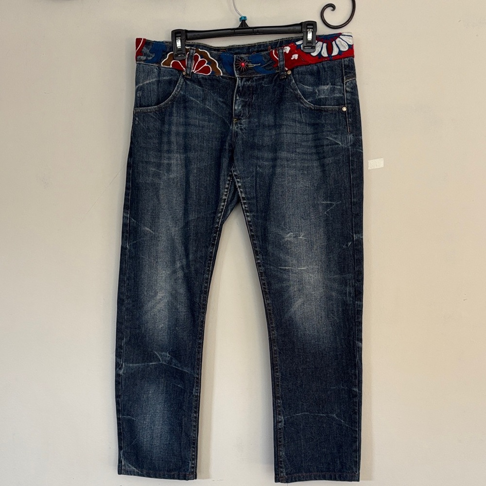 Desigual Dark Blue Jeans with Red Floral Waistband